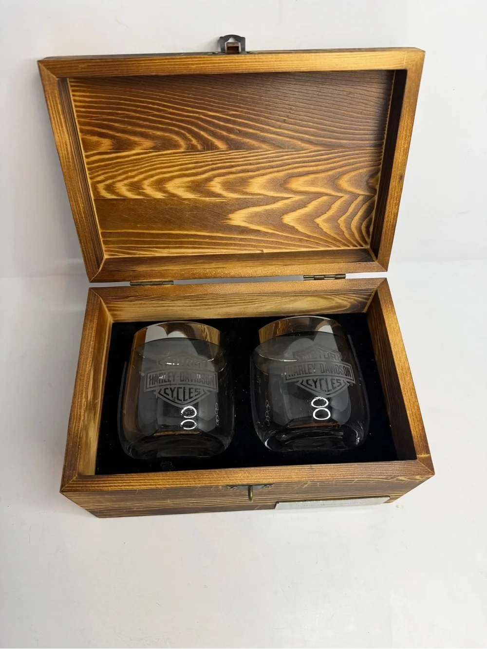 Harley-Davidson Official Whiskey Glass Gift Set 2 - Rustic Wooden Box Toledo